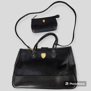 Vintage Blaine Trump Winter Wool/Leather Gray Satchel with matching cosmetic bag